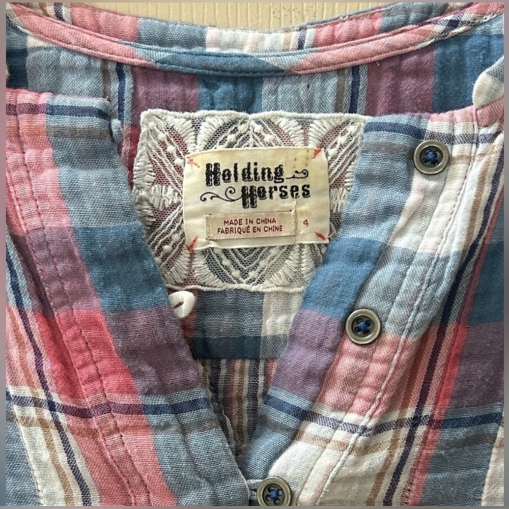 Anthropologie Holding Horses High Low Pink Blue Plaid Tunic Top Western Size 4 - Picture 6 of 16